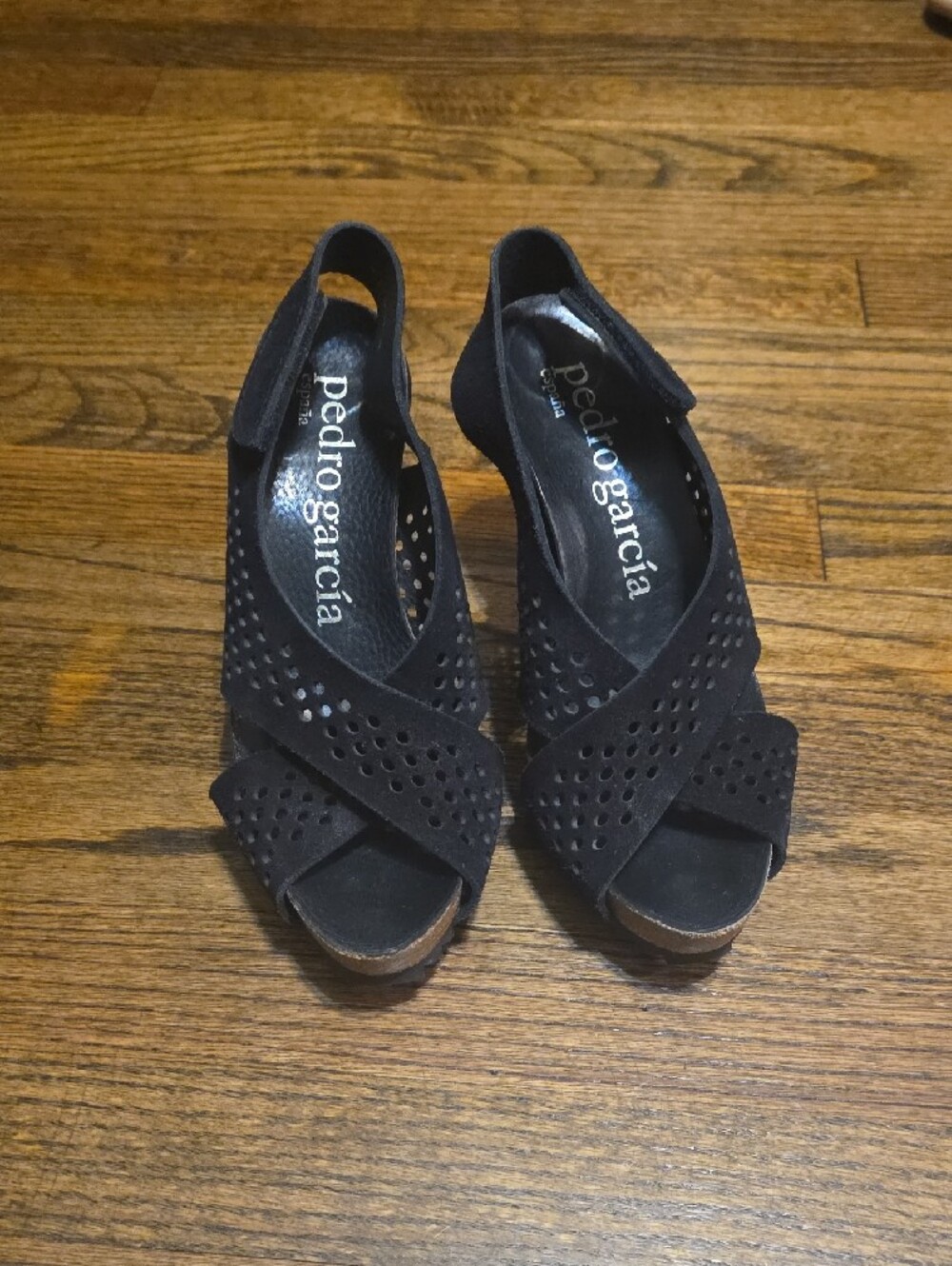 Pedro Garcia Black Perforated Suede Wedge Sandals